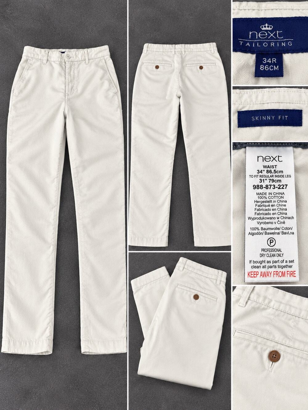 Next Tailoring Mens 34R Skinny Fit Chino Pants Cream 100% Cotton Trousers